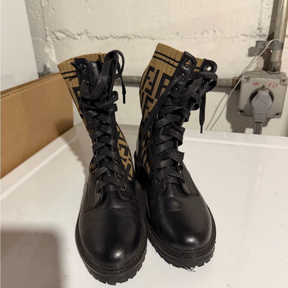 Fendi Black and Tan Lace-Up Boots